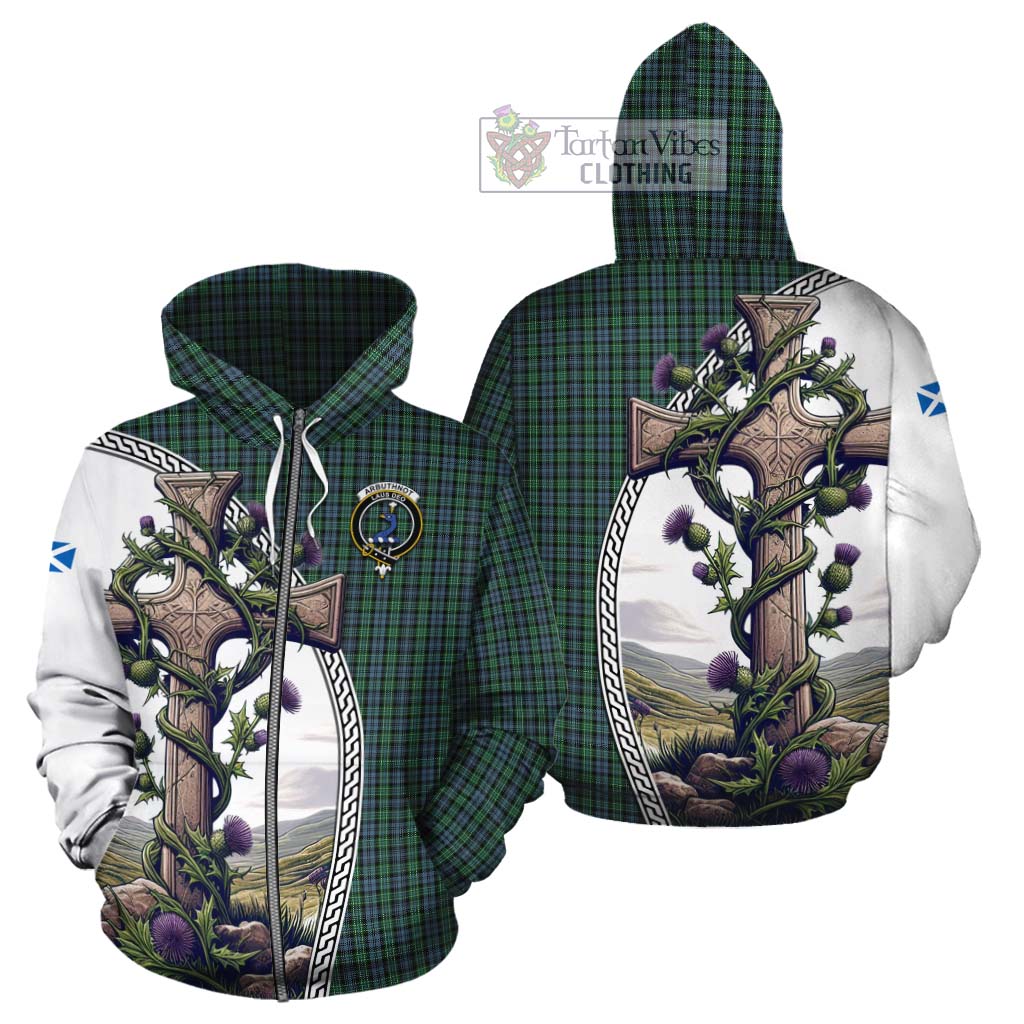 Tartan Vibes Clothing Arbuthnot Tartan Cotton Hoodie with Family Crest and St. Andrew's Cross Accented by Thistle Vines