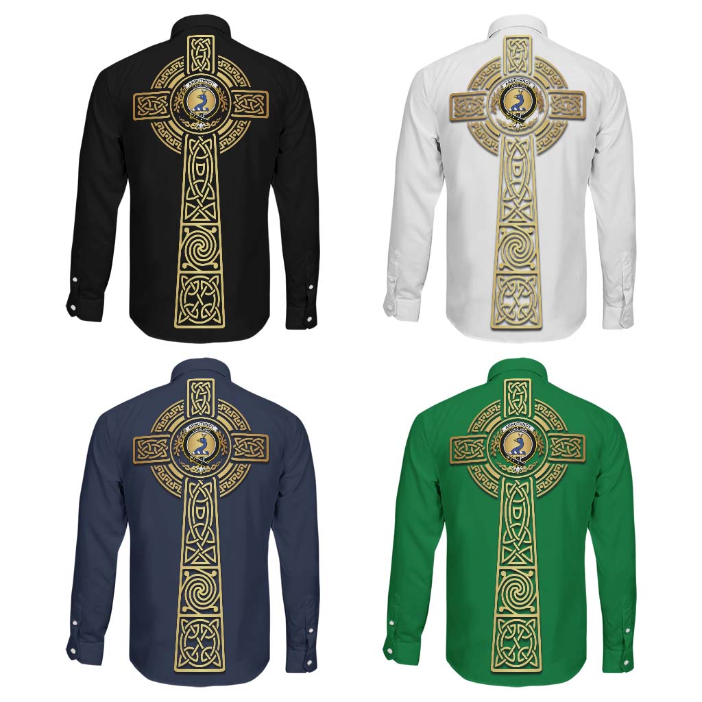 Arbuthnot Clan Mens Long Sleeve Button Up Shirt with Golden Celtic Tree Of Life - Tartanvibesclothing