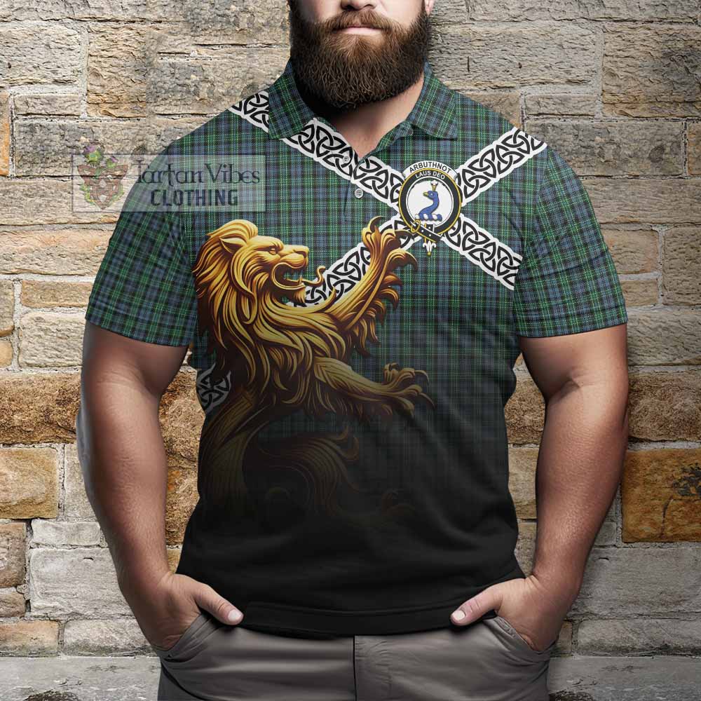 Tartan Vibes Clothing Arbuthnot Crest Tartan Polo Shirt with Golden Lion Emblem Celtic Style