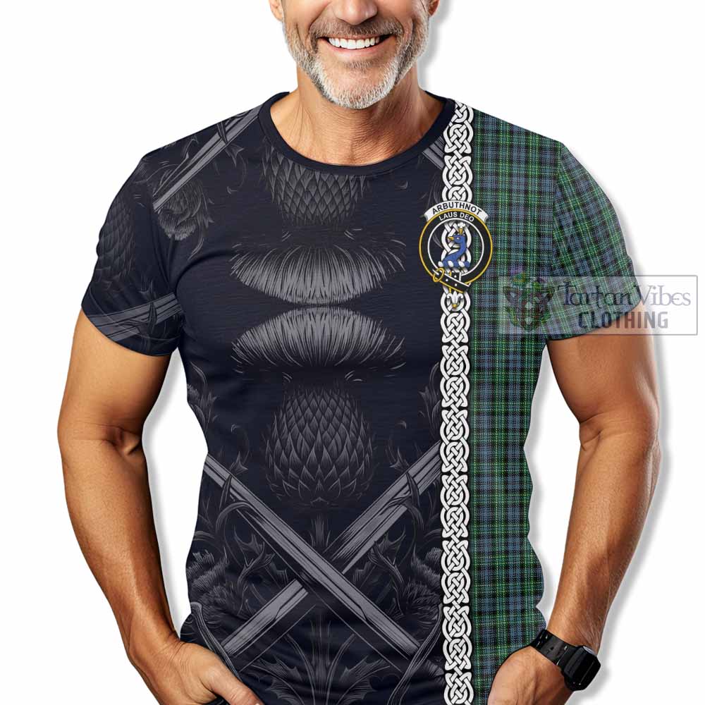 Tartan Vibes Clothing Arbuthnot Tartan T-Shirt with Family Crest Cross Sword Thistle Celtic Vibes