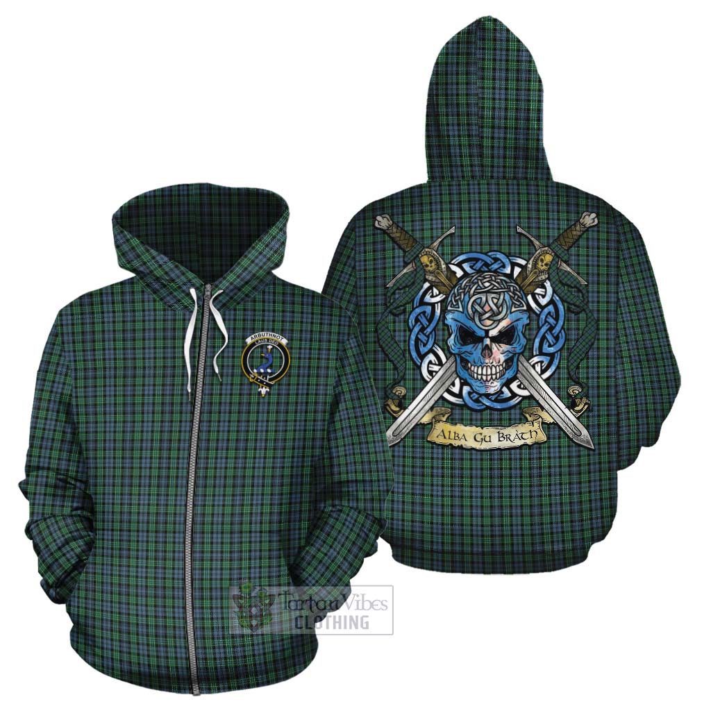 Tartan Vibes Clothing Arbuthnot Tartan Cotton Hoodie with Family Crest Celtic Skull Style