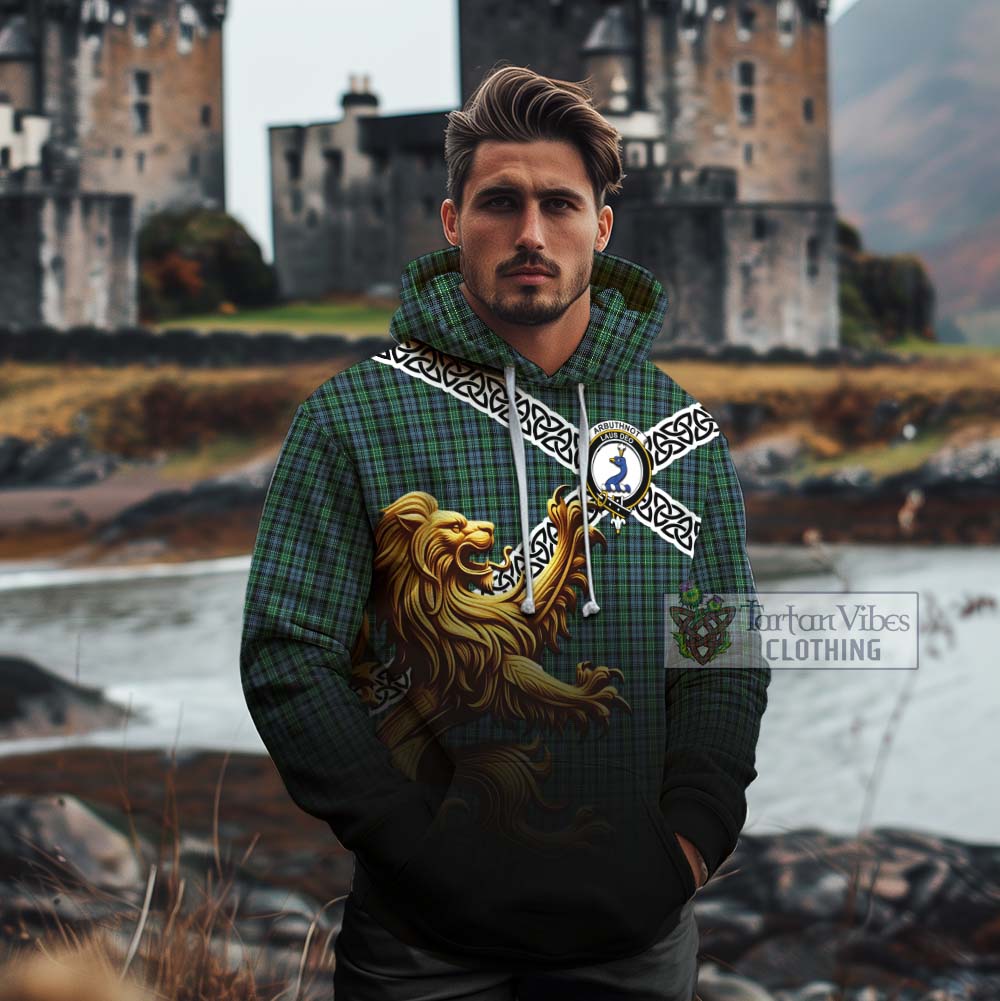 Tartan Vibes Clothing Arbuthnot Crest Tartan Cotton Hoodie with Golden Lion Emblem Celtic Style