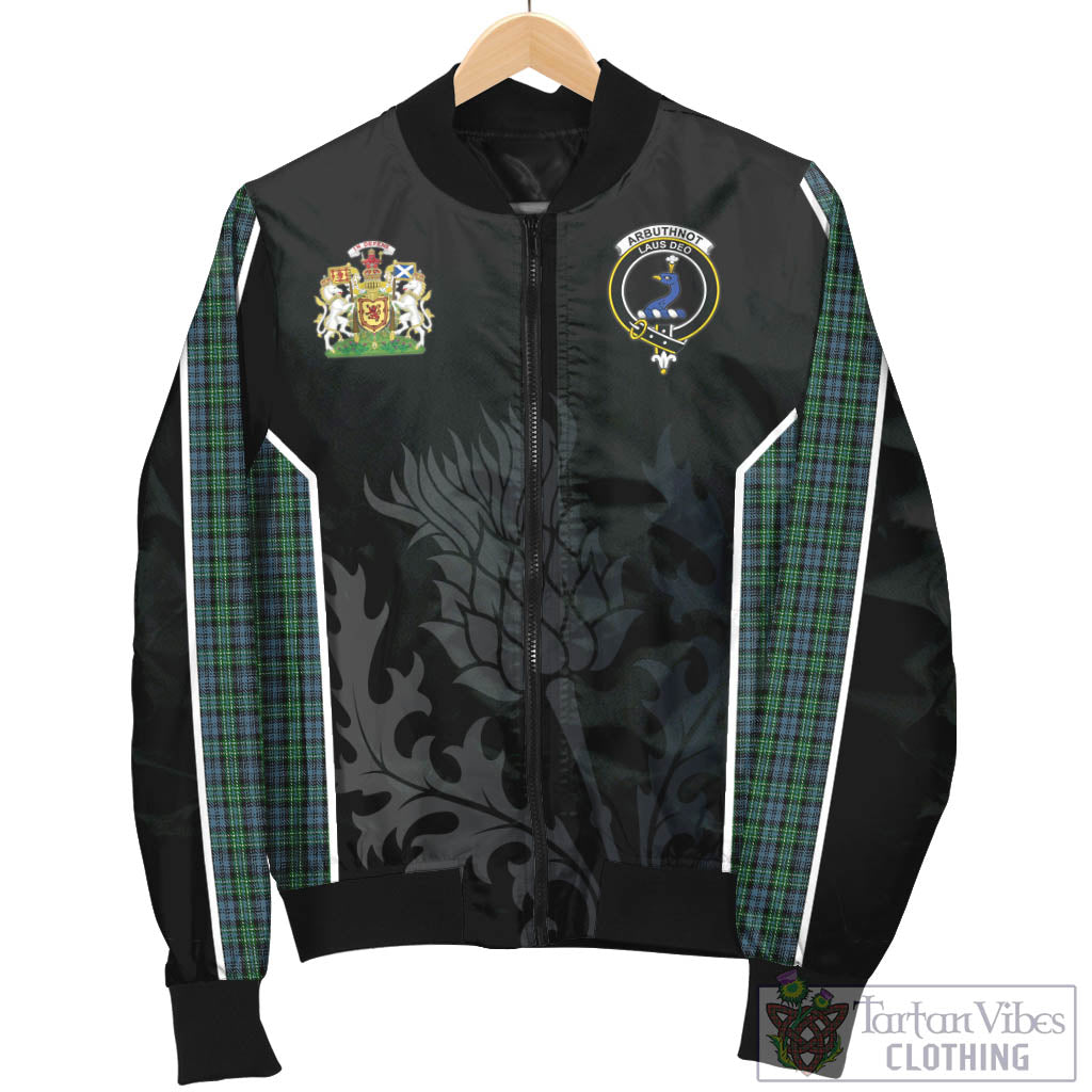 Tartan Vibes Clothing Arbuthnot Tartan Bomber Jacket with Family Crest and Scottish Thistle Vibes Sport Style