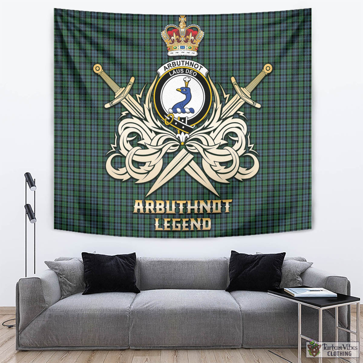 Arbuthnot Tartan Tapestry with Clan Crest and the Golden Sword of Courageous Legacy - Tartan Vibes Clothing
