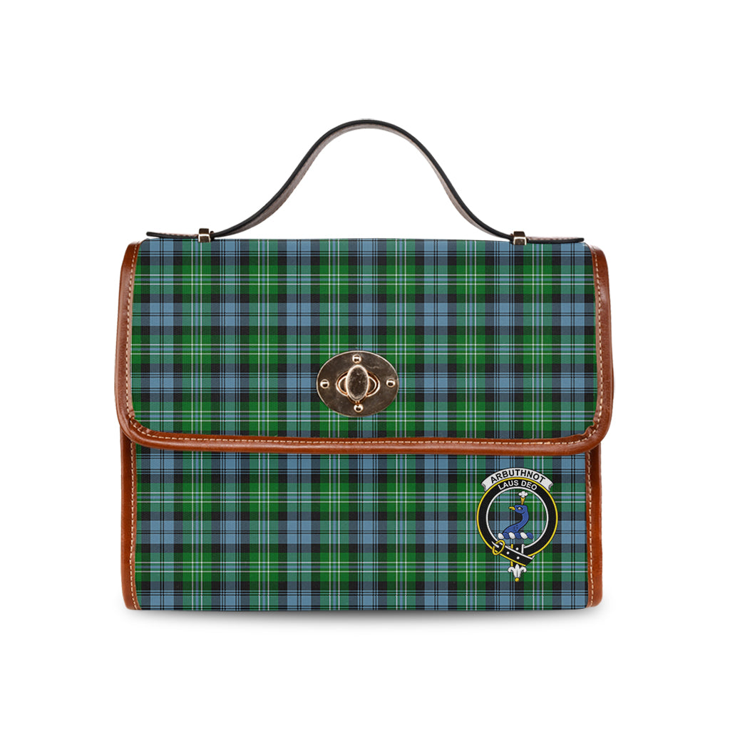 Arbuthnot Ancient Tartan Leather Strap Waterproof Canvas Bag with Family Crest - Tartanvibesclothing