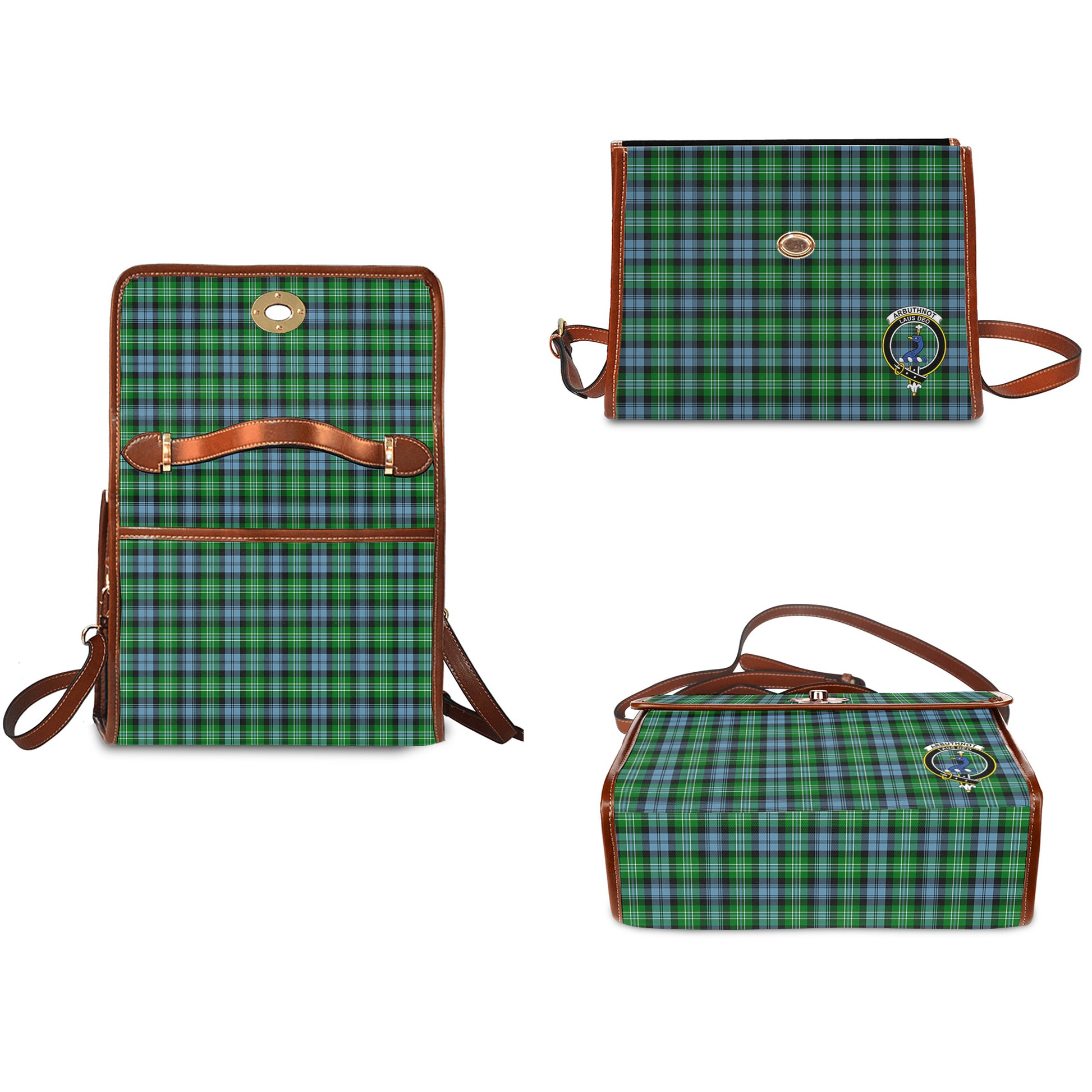 Arbuthnot Ancient Tartan Leather Strap Waterproof Canvas Bag with Family Crest - Tartanvibesclothing