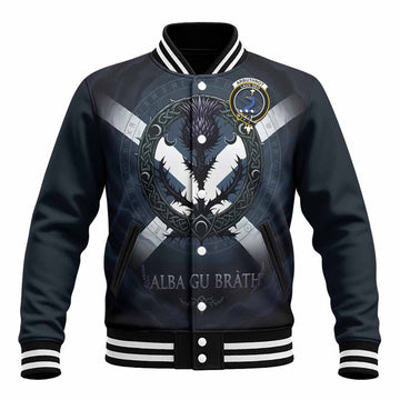 Arbuthnot Clan Crest Baseball Jacket with Celtic Knot Thistle and Saltire