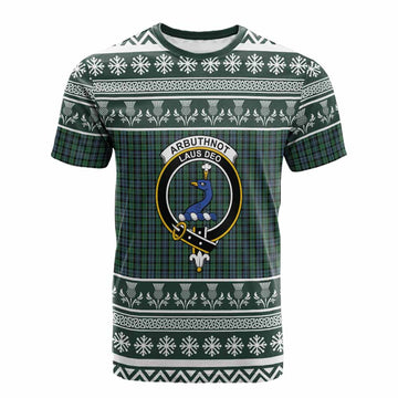 Arbuthnot Clan Tartan Christmas Cotton T-shirt with Family Crest