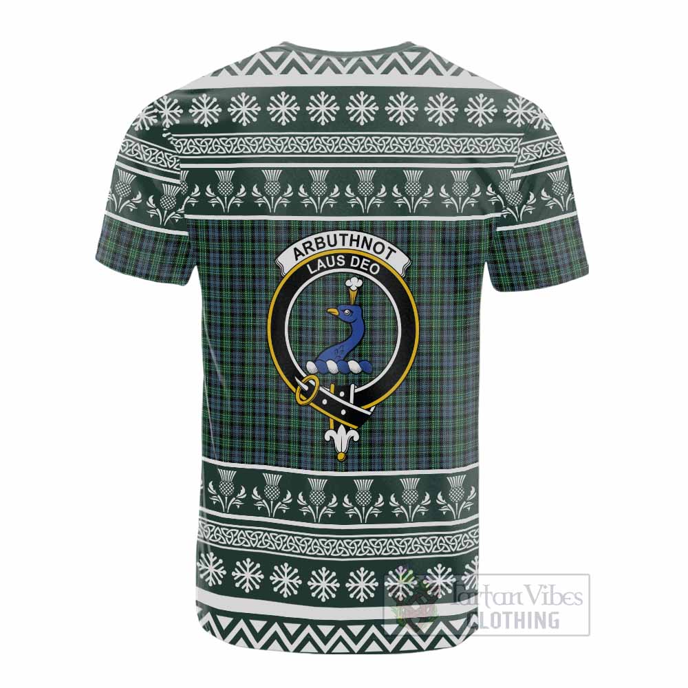 Arbuthnot Clan Tartan Christmas Cotton T-shirt with Family Crest - Tartan Vibes Clothing