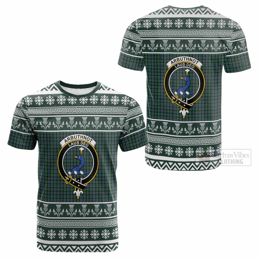 Arbuthnot Clan Tartan Christmas Cotton T-shirt with Family Crest - Tartan Vibes Clothing