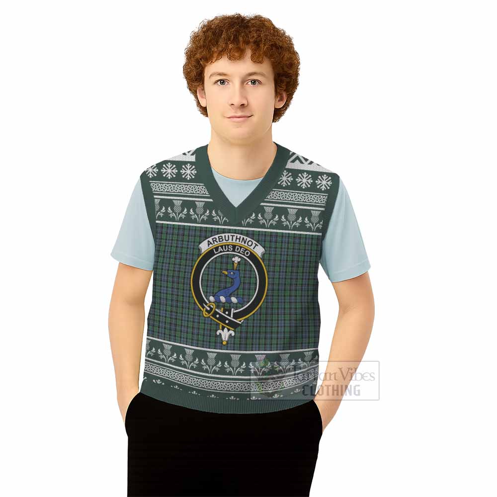 Arbuthnot Clan Tartan Christmas Knitted V-Neck Vest with Family Crest - Tartan Vibes Clothing