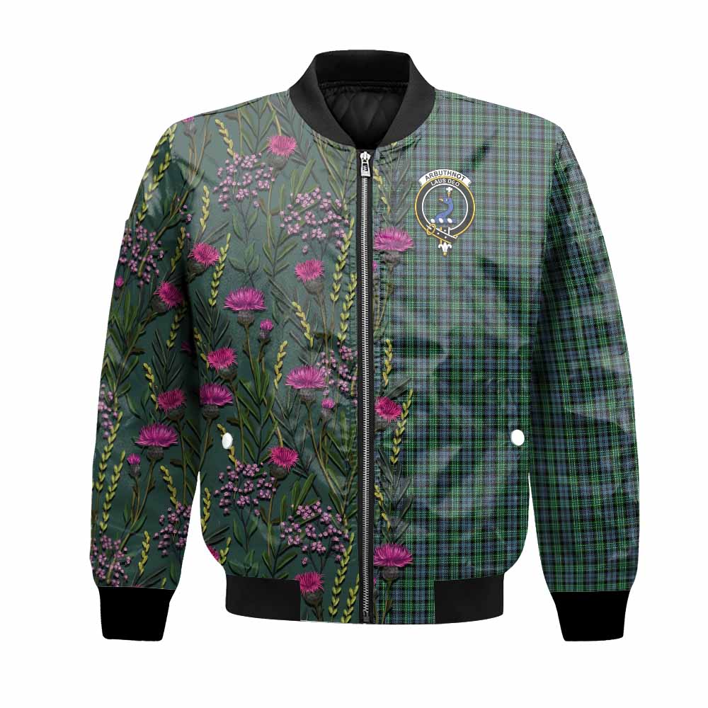 Arbuthnot Family Crest Tartan Bomber Jacket Scottish Thistle Flower Pattern Half Style - Tartan Vibes Clothing
