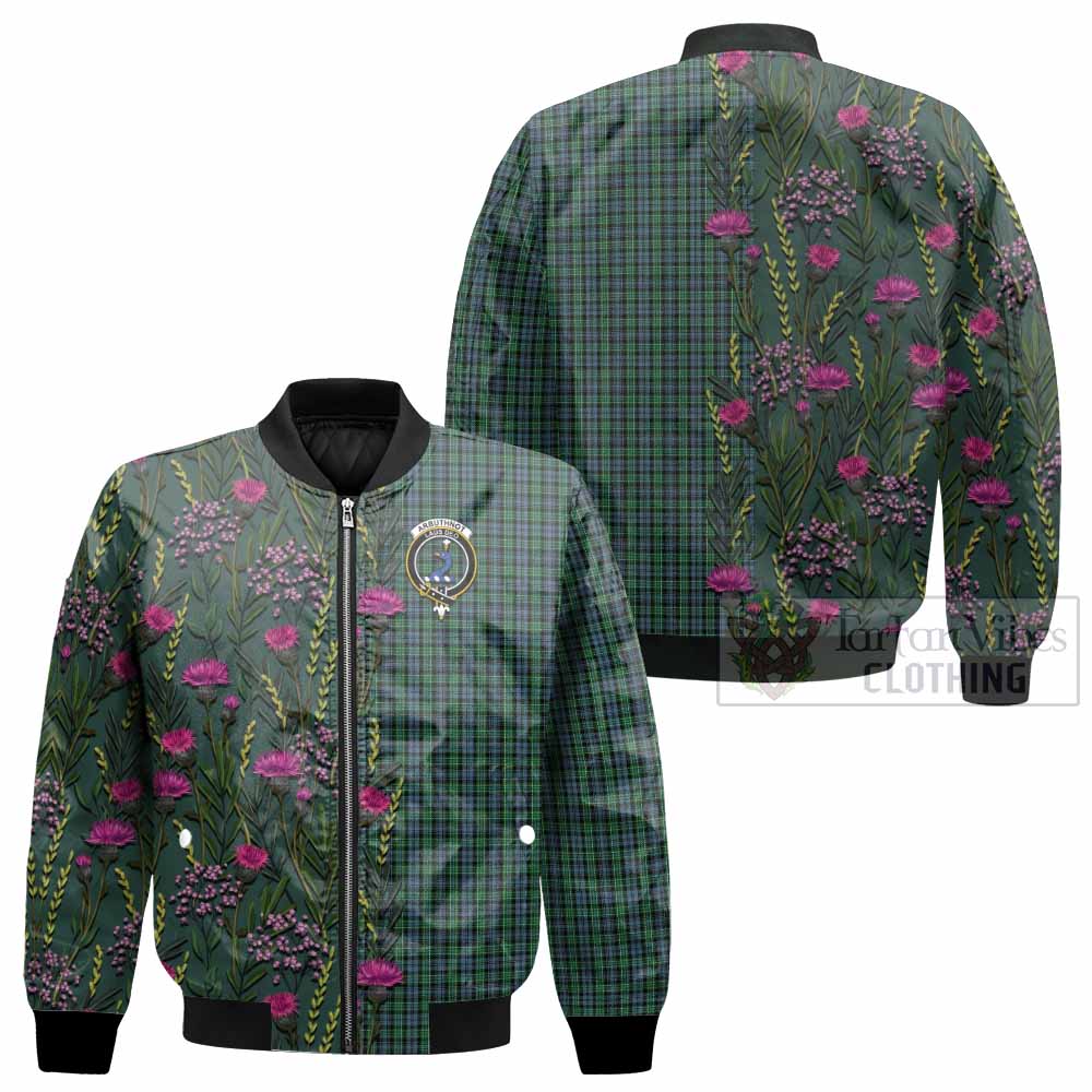 Arbuthnot Family Crest Tartan Bomber Jacket Scottish Thistle Flower Pattern Half Style - Tartan Vibes Clothing
