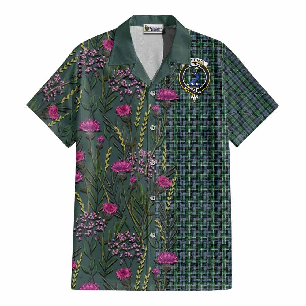 Arbuthnot Family Crest Tartan Cotton Hawaiian Shirt Scottish Thistle Flower Pattern Half Style - Tartan Vibes Clothing