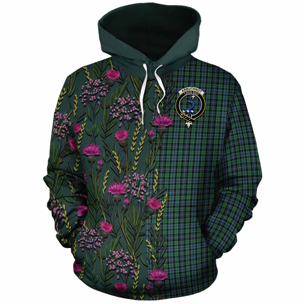 Arbuthnot Family Crest Tartan Cotton Hoodie Scottish Thistle Flower Pattern Half Style - Tartan Vibes Clothing