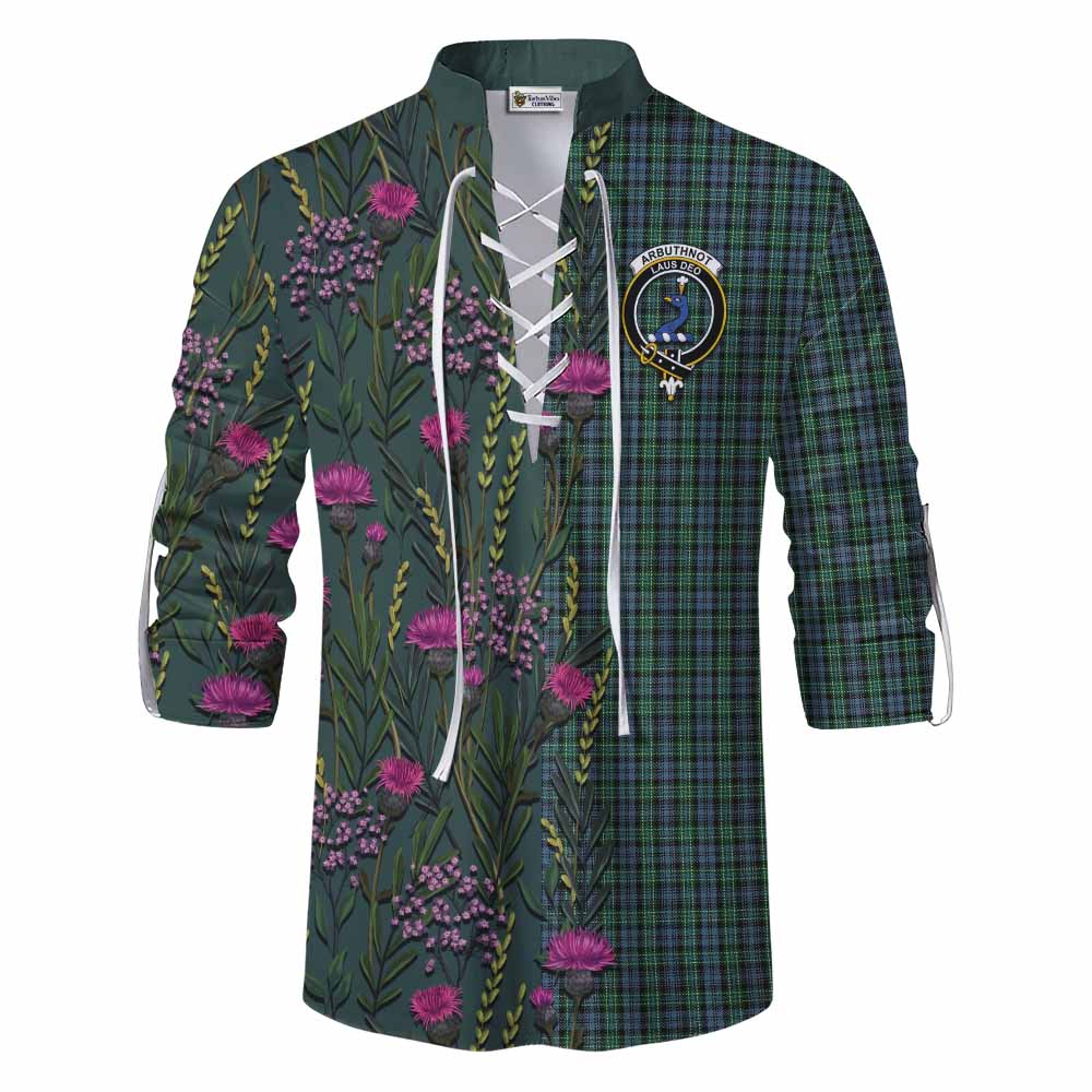 Arbuthnot Family Crest Tartan Ghillie Shirt Scottish Thistle Flower Pattern Half Style - Tartan Vibes Clothing