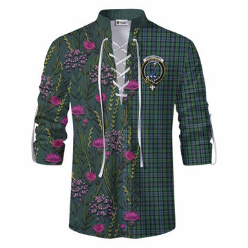 Arbuthnot Family Crest Tartan Ghillie Shirt Scottish Thistle Flower Pattern Half Style - Tartan Vibes Clothing