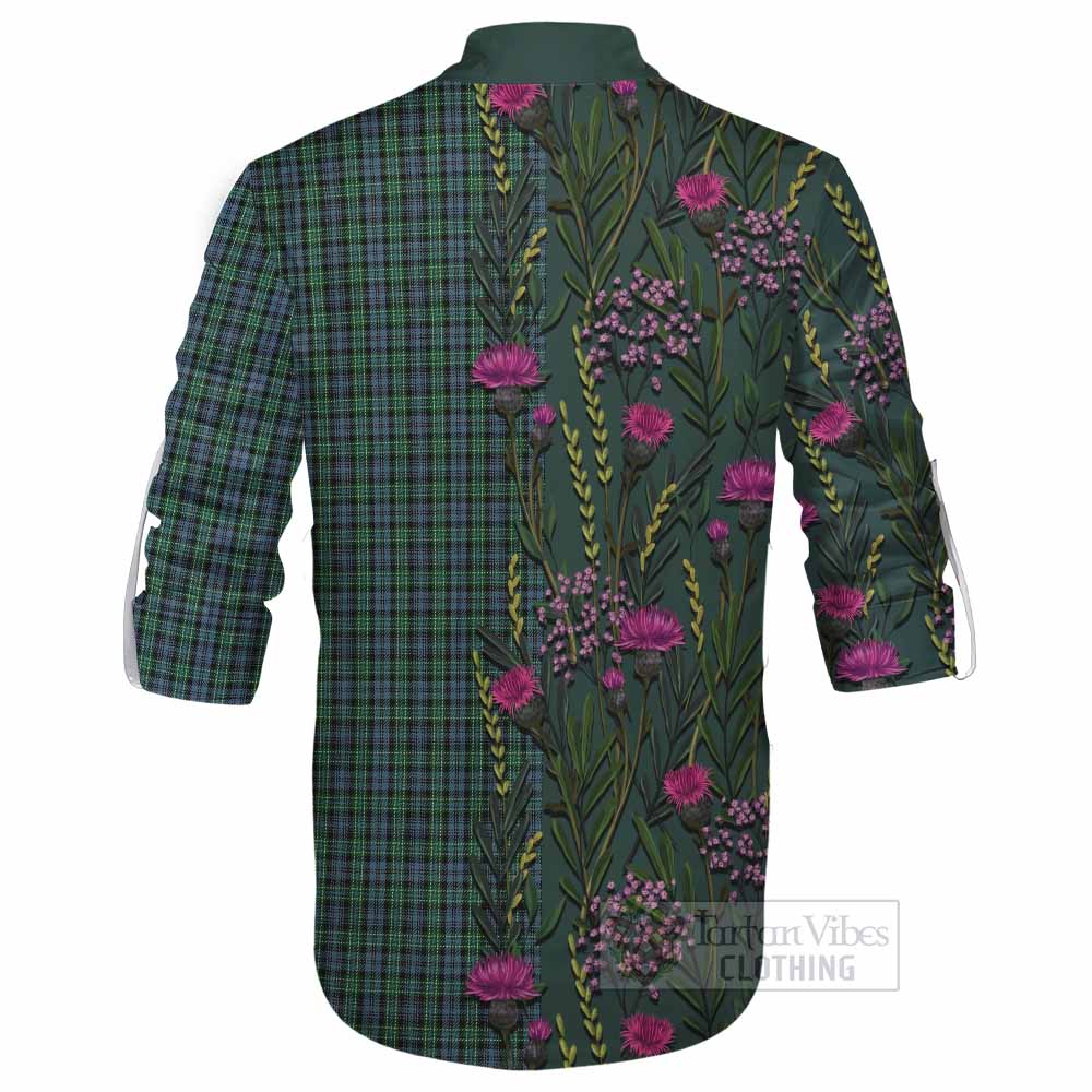 Arbuthnot Family Crest Tartan Ghillie Shirt Scottish Thistle Flower Pattern Half Style - Tartan Vibes Clothing