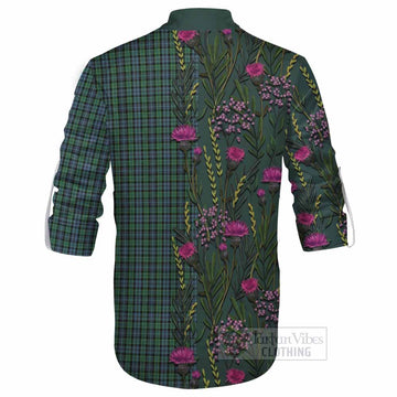 Arbuthnot Family Crest Tartan Ghillie Shirt Scottish Thistle Flower Pattern Half Style - Tartan Vibes Clothing