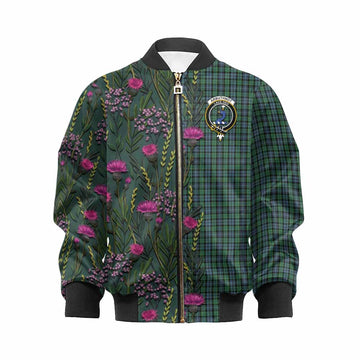 Arbuthnot Family Crest Tartan Kid Bomber Jacket Scottish Thistle Flower Pattern Half Style - Tartan Vibes Clothing