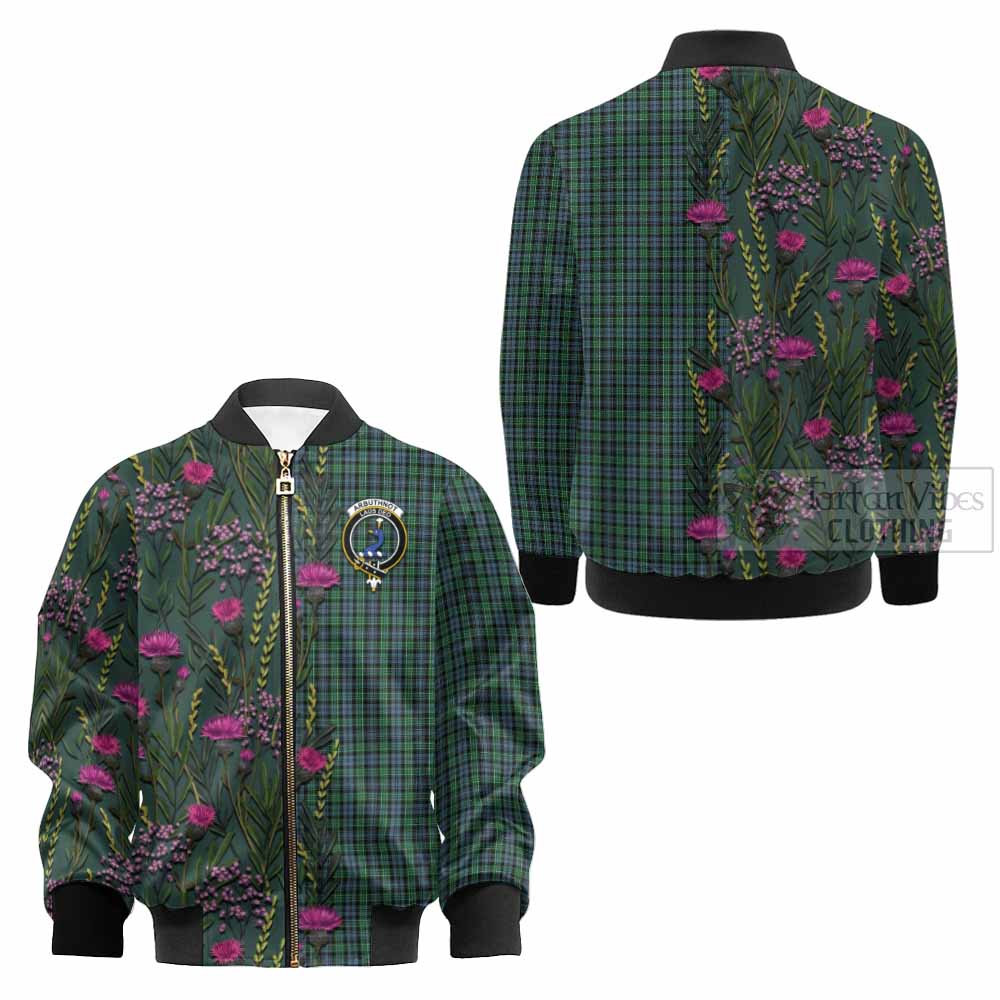 Arbuthnot Family Crest Tartan Kid Bomber Jacket Scottish Thistle Flower Pattern Half Style - Tartan Vibes Clothing