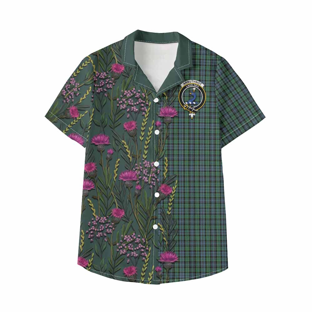 Arbuthnot Family Crest Tartan Kid Hawaiian Shirt Scottish Thistle Flower Pattern Half Style - Tartan Vibes Clothing