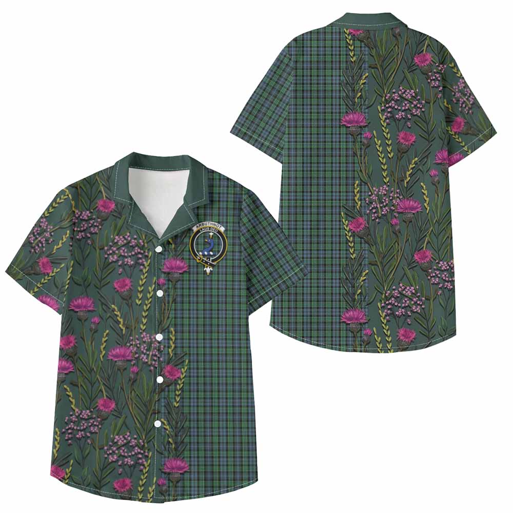 Arbuthnot Family Crest Tartan Kid Hawaiian Shirt Scottish Thistle Flower Pattern Half Style - Tartan Vibes Clothing