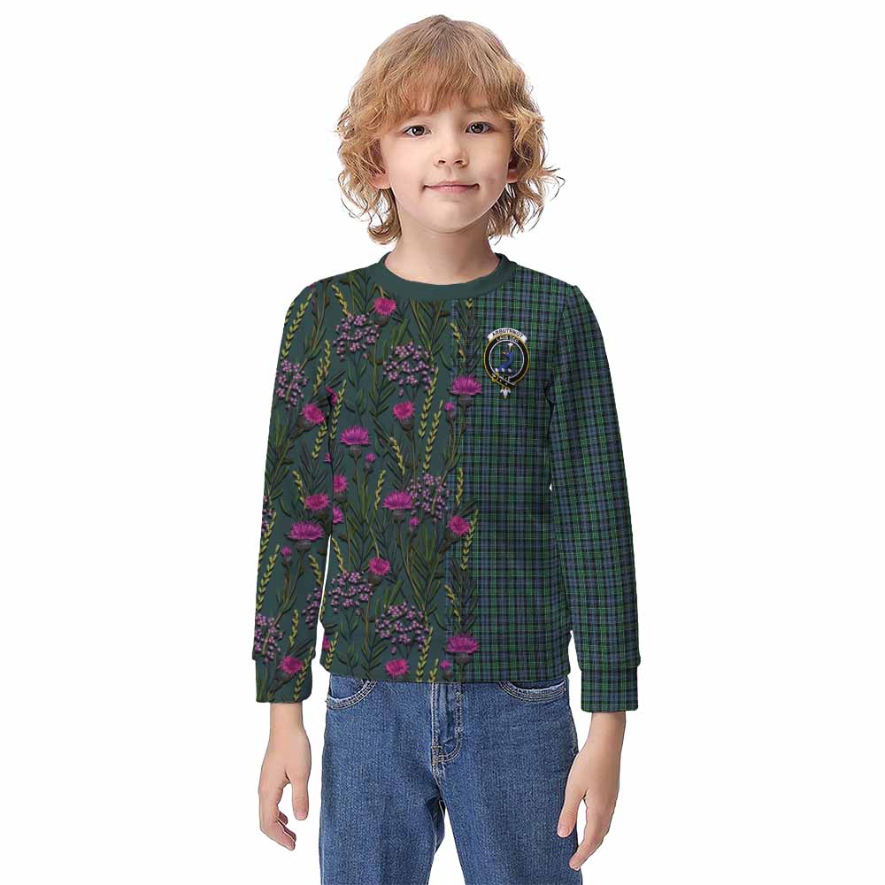 Arbuthnot Family Crest Tartan Kid Knitted Sweatshirt Scottish Thistle Flower Pattern Half Style - Tartan Vibes Clothing