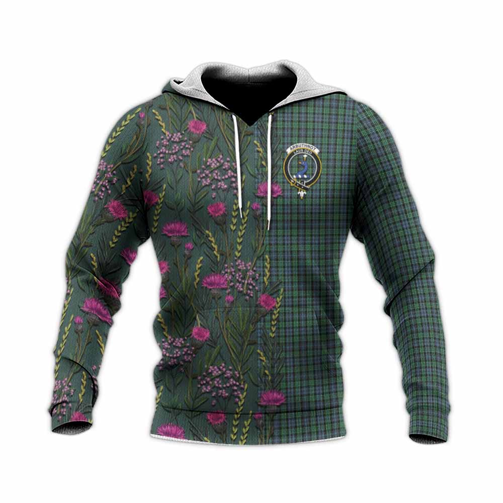 Arbuthnot Family Crest Tartan Knitted Hoodie Scottish Thistle Flower Pattern Half Style - Tartan Vibes Clothing