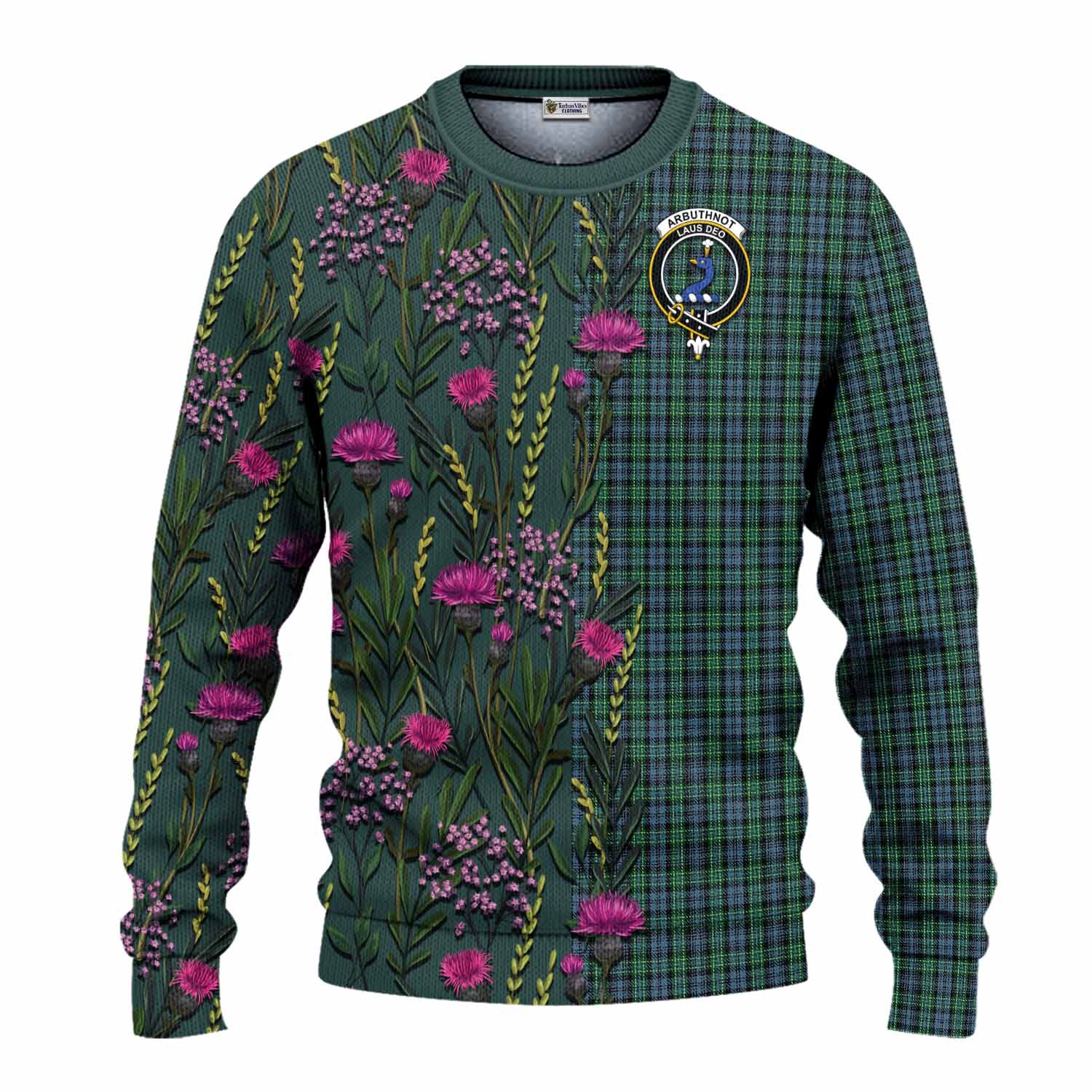 Arbuthnot Family Crest Tartan Knitted Sweater Scottish Thistle Flower Pattern Half Style - Tartan Vibes Clothing