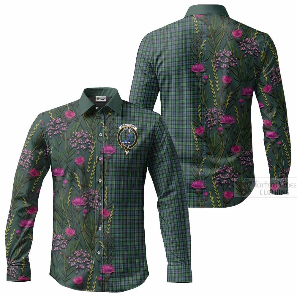 Arbuthnot Family Crest Tartan Long Sleeve Button Shirts Scottish Thistle Flower Pattern Half Style - Tartan Vibes Clothing