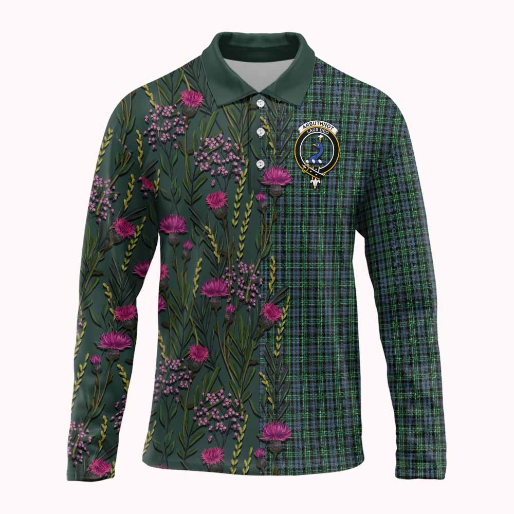 Arbuthnot Family Crest Tartan Long Sleeve Polo Shirt Scottish Thistle Flower Pattern Half Style - Tartan Vibes Clothing