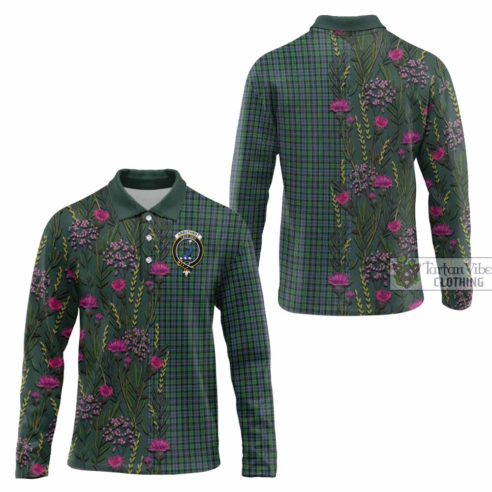 Arbuthnot Family Crest Tartan Long Sleeve Polo Shirt Scottish Thistle Flower Pattern Half Style - Tartan Vibes Clothing
