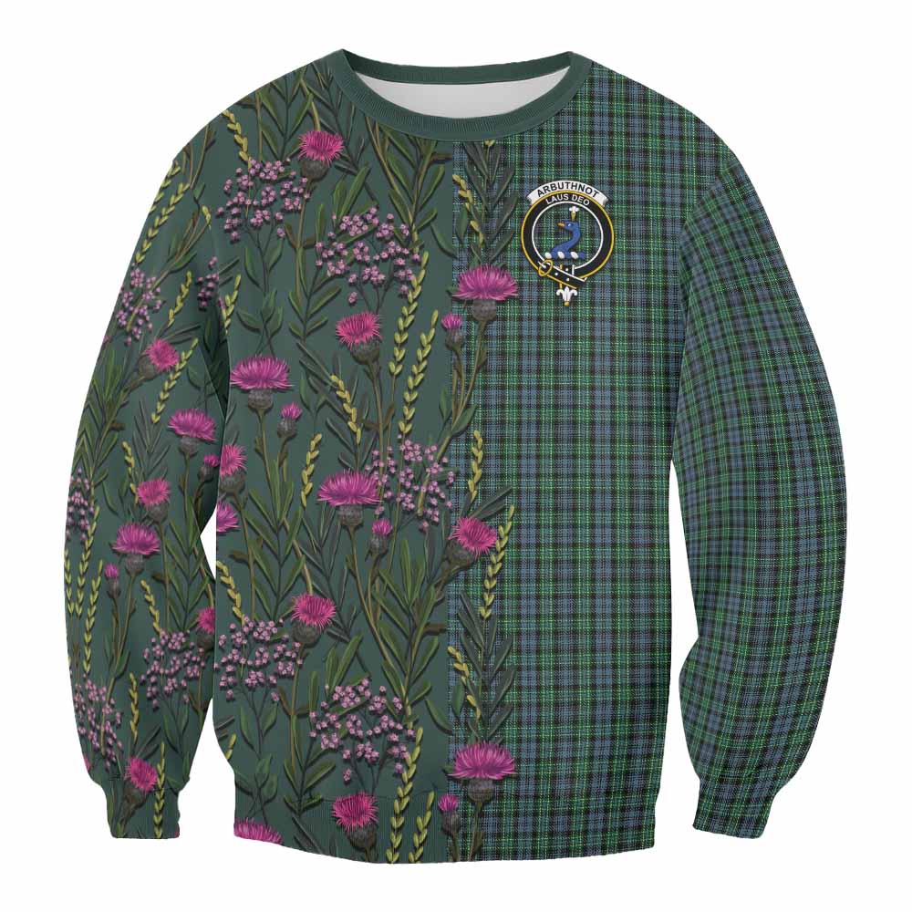 Arbuthnot Family Crest Tartan Sweatshirt Scottish Thistle Flower Pattern Half Style - Tartan Vibes Clothing