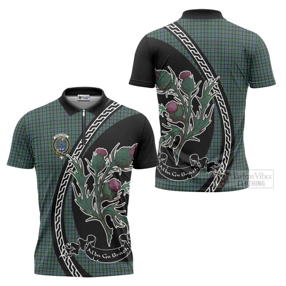 Arbuthnot Family Crest Tartan Zipper Polo Shirt Alba Thistle Inspired - Tartan Vibes Clothing