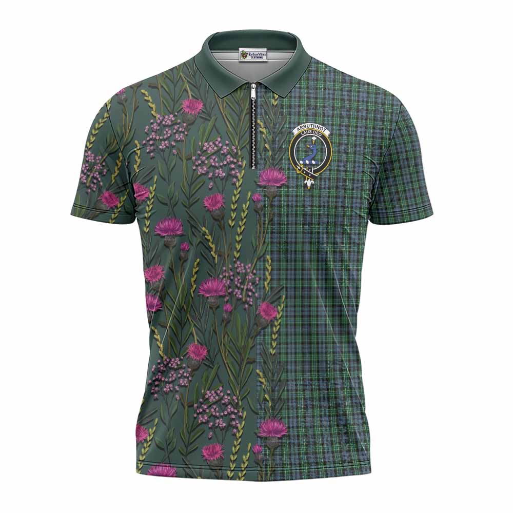 Arbuthnot Family Crest Tartan Zipper Polo Shirt Scottish Thistle Flower Pattern Half Style - Tartan Vibes Clothing
