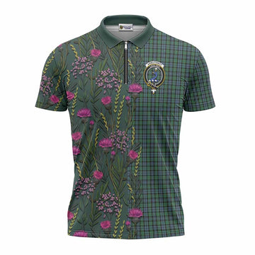 Arbuthnot Family Crest Tartan Zipper Polo Shirt Scottish Thistle Flower Pattern Half Style - Tartan Vibes Clothing