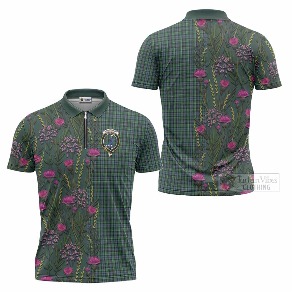 Arbuthnot Family Crest Tartan Zipper Polo Shirt Scottish Thistle Flower Pattern Half Style - Tartan Vibes Clothing