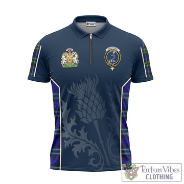 Arbuthnot Modern Tartan Zipper Polo Shirt with Family Crest and Scottish Thistle Vibes Sport Style