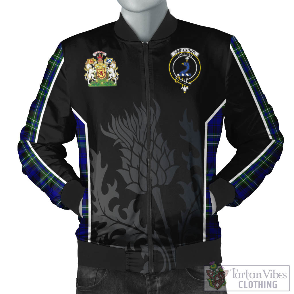 Tartan Vibes Clothing Arbuthnot Modern Tartan Bomber Jacket with Family Crest and Scottish Thistle Vibes Sport Style