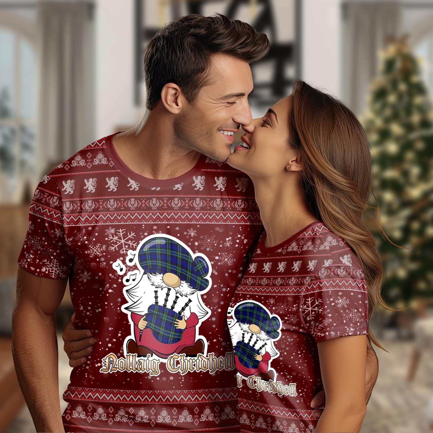 Arbuthnot Modern Clan Christmas Family T-Shirt with Funny Gnome Playing Bagpipes Women's Shirt Red - Tartanvibesclothing