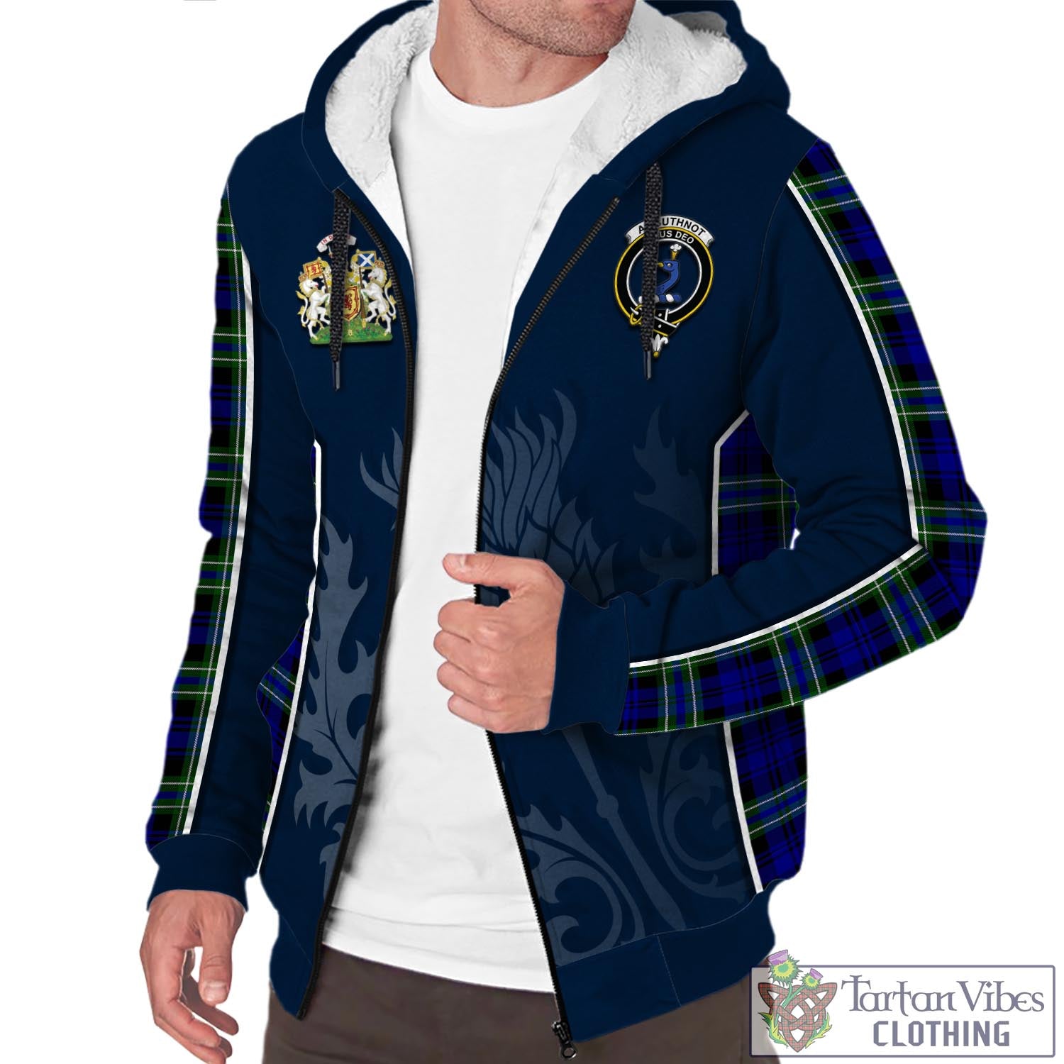 Tartan Vibes Clothing Arbuthnot Modern Tartan Sherpa Hoodie with Family Crest and Scottish Thistle Vibes Sport Style