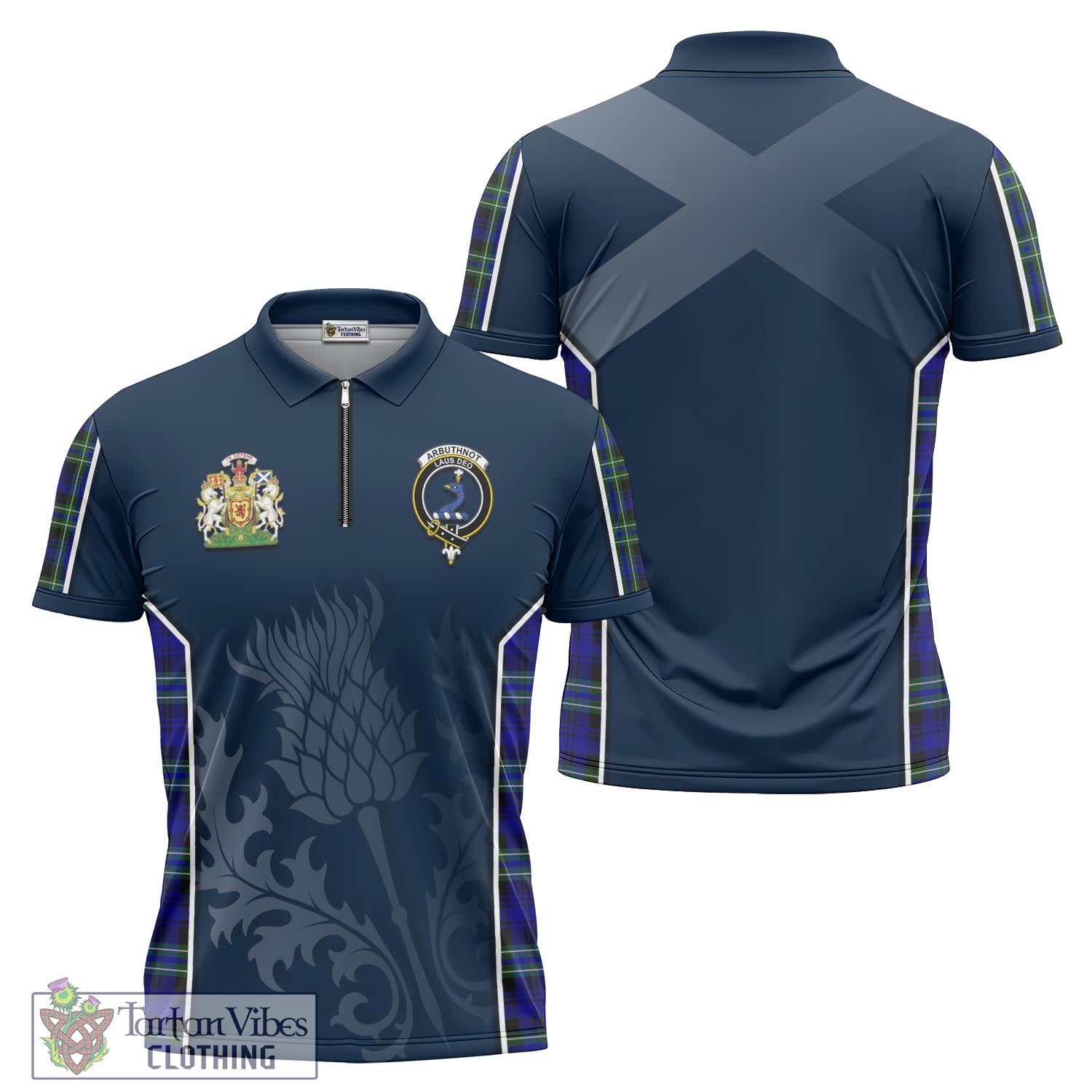 Tartan Vibes Clothing Arbuthnot Modern Tartan Zipper Polo Shirt with Family Crest and Scottish Thistle Vibes Sport Style