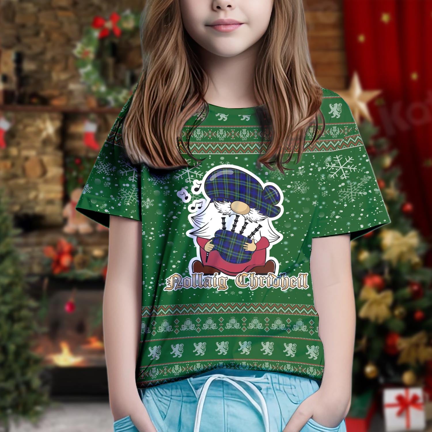 Arbuthnot Modern Clan Christmas Family T-Shirt with Funny Gnome Playing Bagpipes Kid's Shirt Green - Tartanvibesclothing
