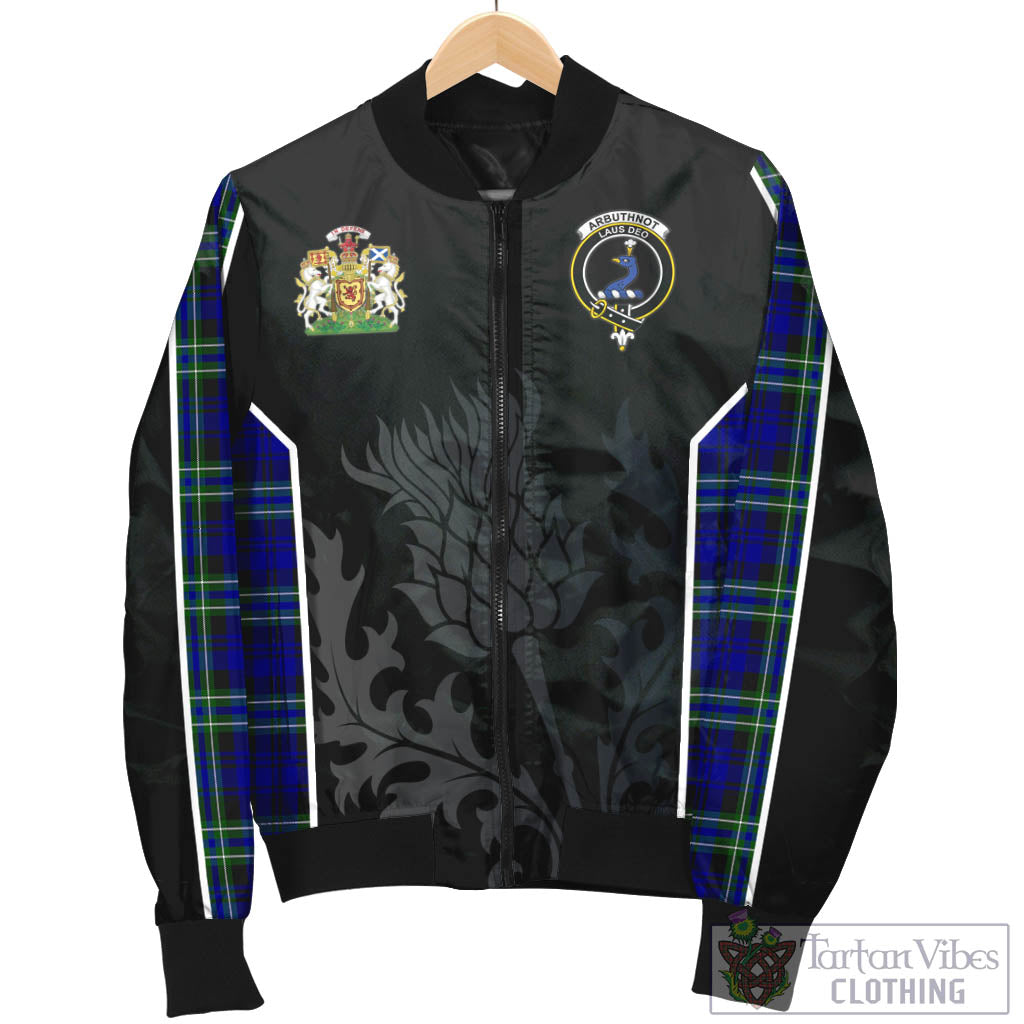 Tartan Vibes Clothing Arbuthnot Modern Tartan Bomber Jacket with Family Crest and Scottish Thistle Vibes Sport Style