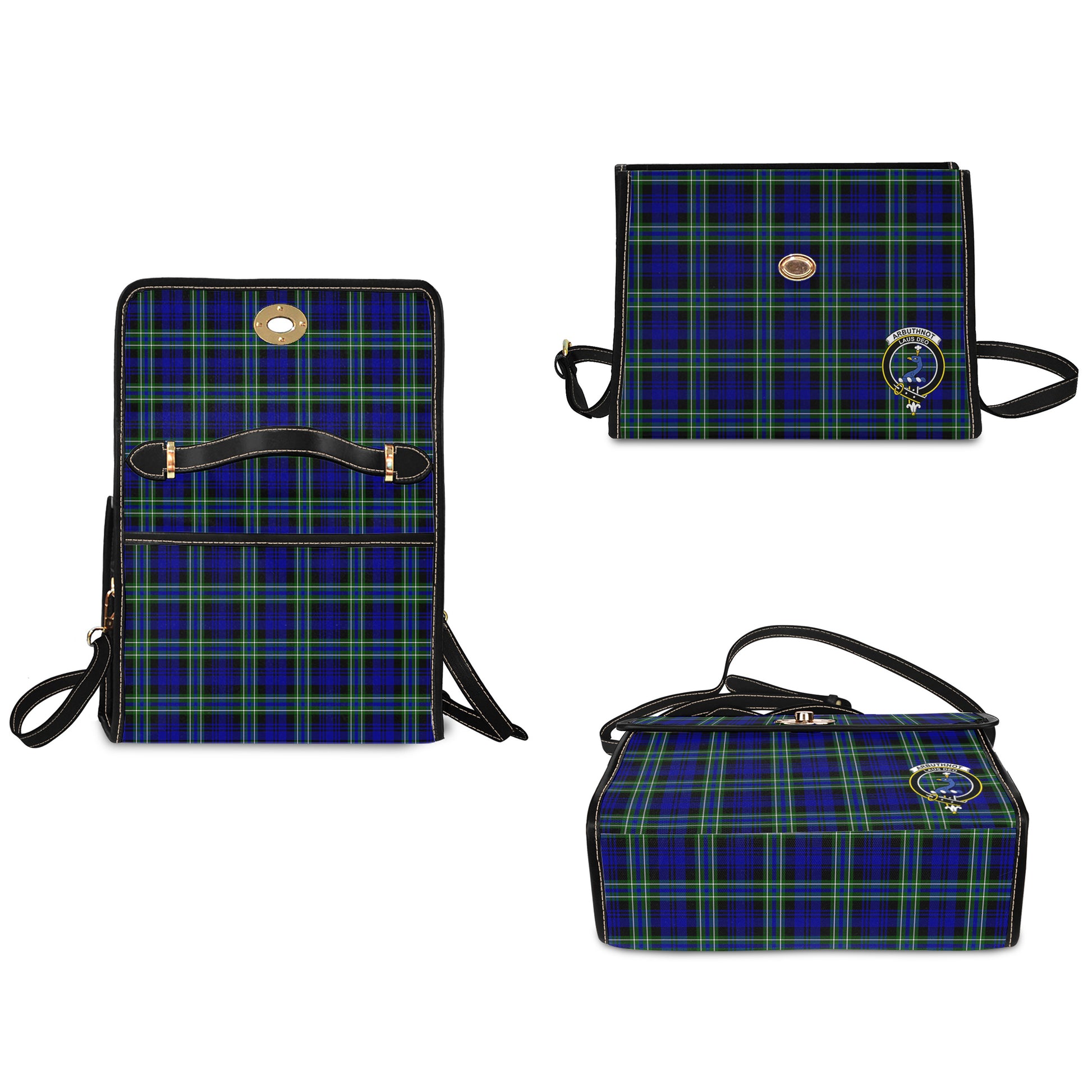 Arbuthnot Modern Tartan Leather Strap Waterproof Canvas Bag with Family Crest - Tartanvibesclothing