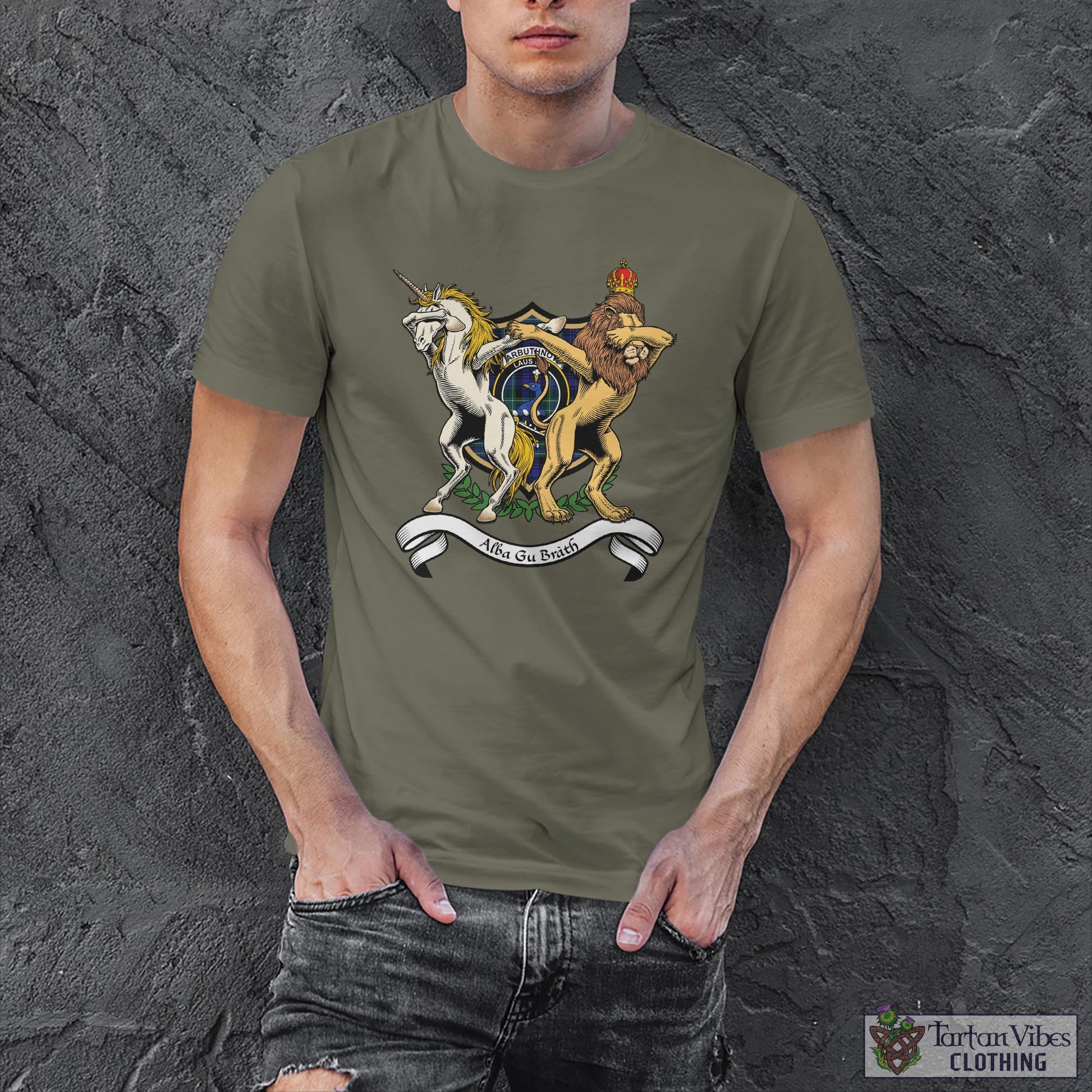 Tartan Vibes Clothing Arbuthnot Modern Family Crest Cotton Men's T-Shirt with Scotland Royal Coat Of Arm Funny Style