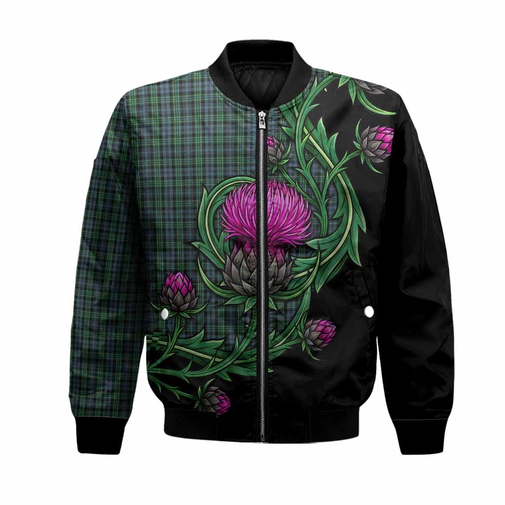 Arbuthnot Tartan Bomber Jacket Resilient Scottish Thistle Unisex Black - Tartan Vibes Clothing