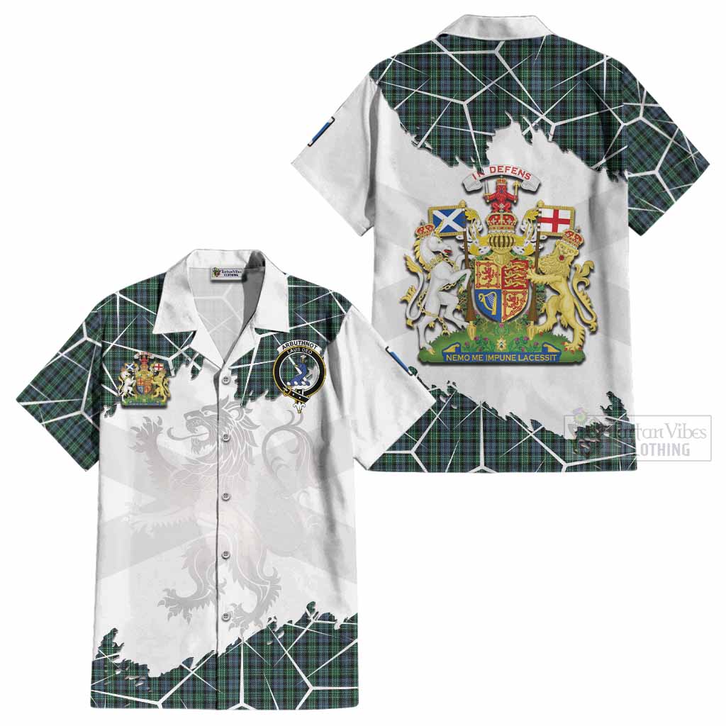 Arbuthnot Tartan Cotton Hawaiian Shirt with Family Crest and Lion Rampant Grunge Style
