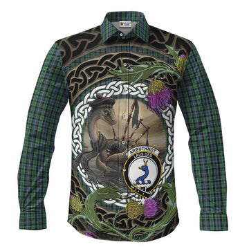 Arbuthnot Tartan Crest Bagpipe Nessie Long Sleeve Button Shirts Scottish Loch Ness Monster Celtic Thistle